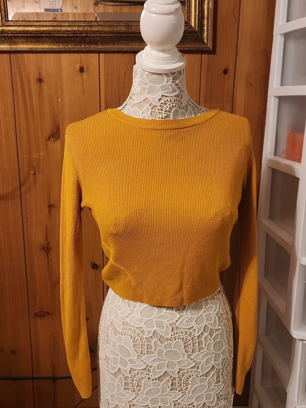Mustard Yellow Ribbed Knit Cropped Crewneck Sweater